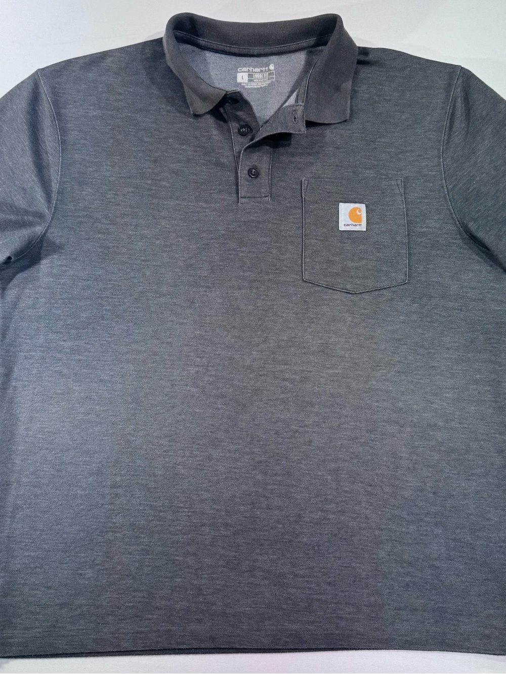 CARHARTT Short Sleeve Polo Shirt, Loose Fit, Dk Gray, Pocket, Logo, Size Large